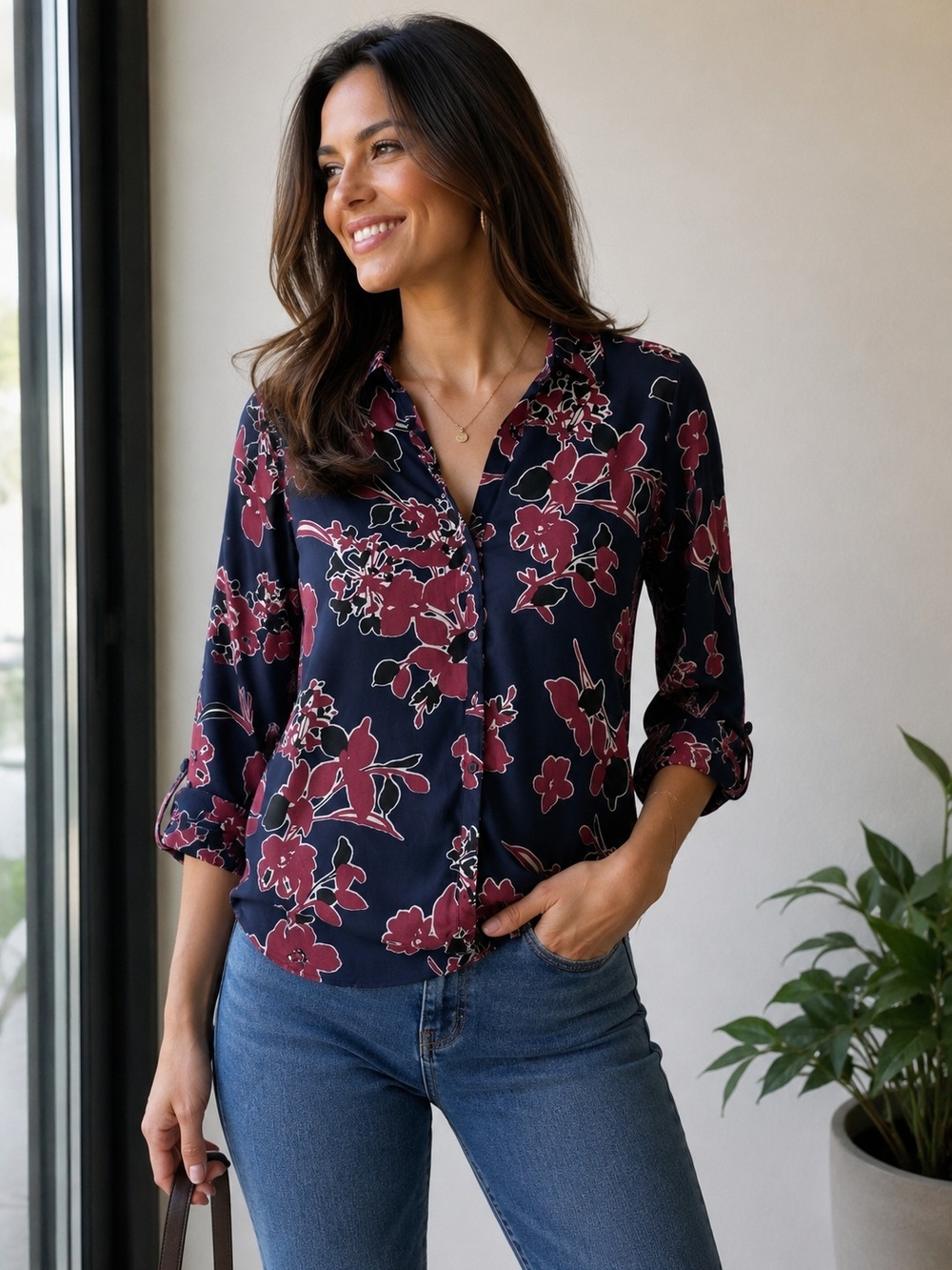 Express Portofino Slim Floral Button Up Blouse Navy Pink Size S/P